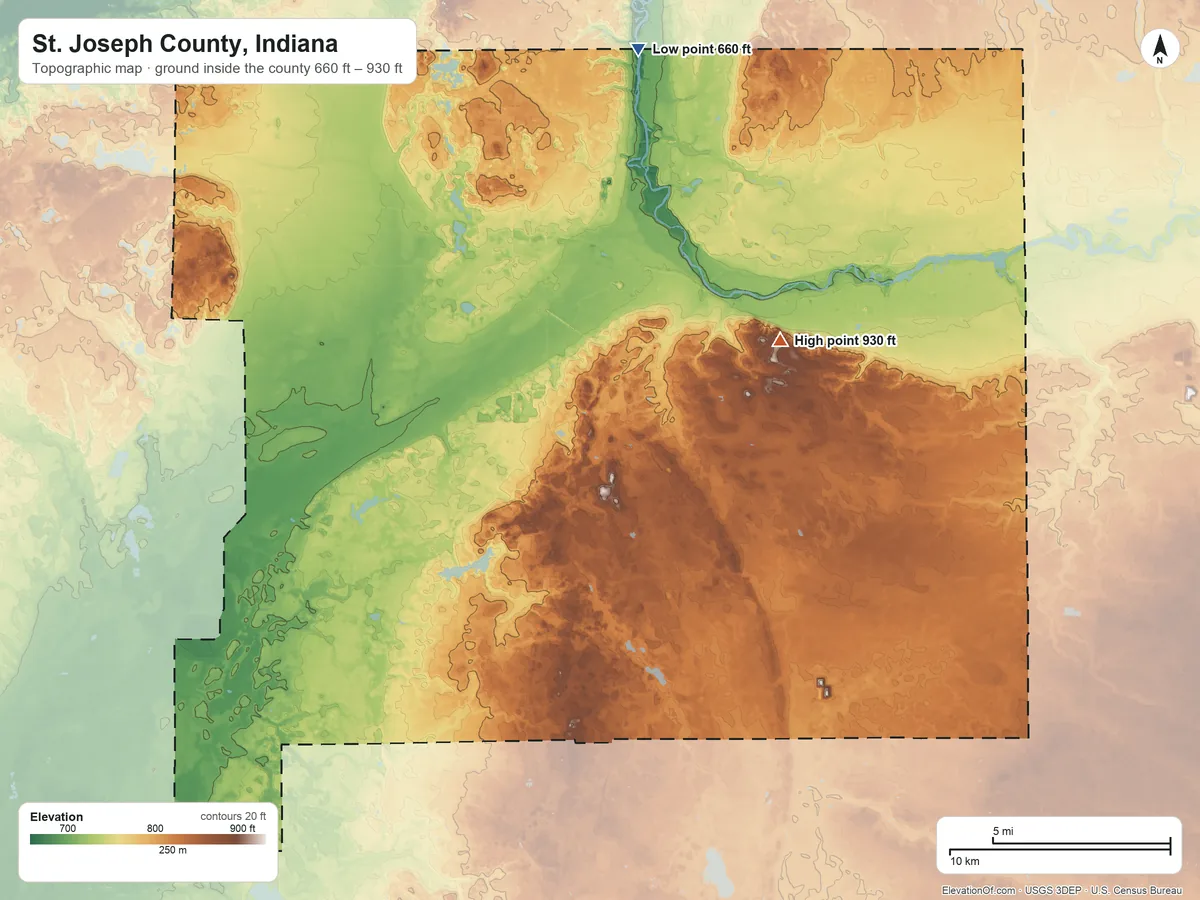 Topographic elevation map of St. Joseph County, Indiana, shaded from 660 ft on the north side to 930 ft on the northeast side