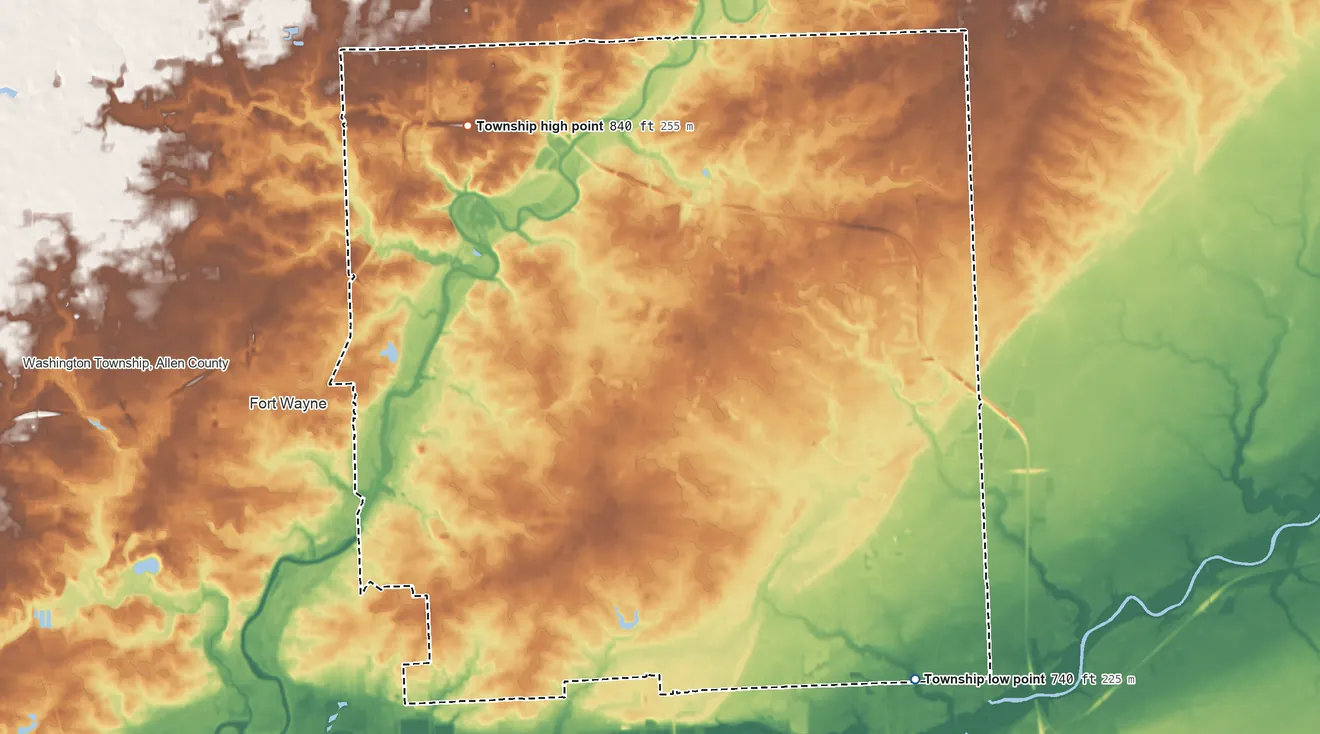 Topographic elevation map of St. Joseph Township, Indiana, shaded from 740 ft on the southeast side to 840 ft on the northwest side