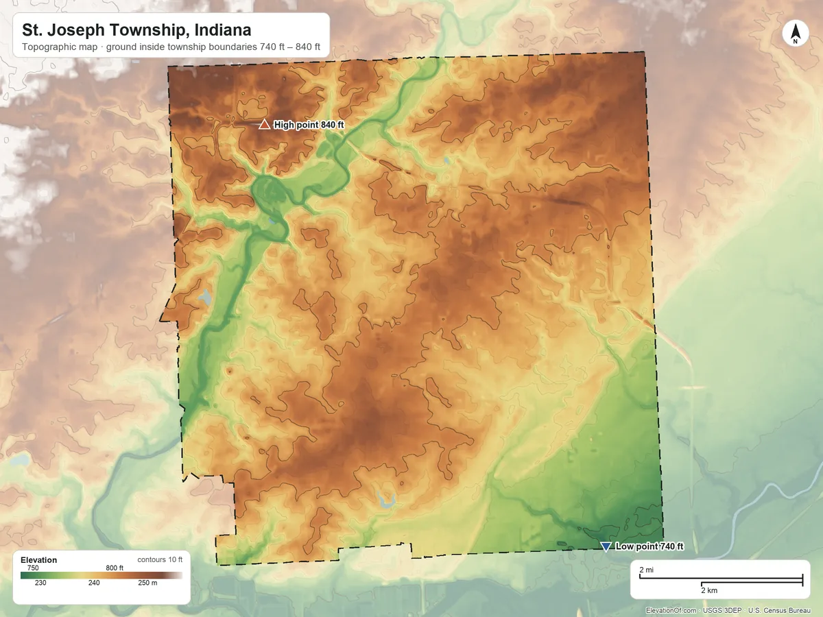 Topographic elevation map of St. Joseph Township, Indiana, shaded from 740 ft on the southeast side to 840 ft on the northwest side