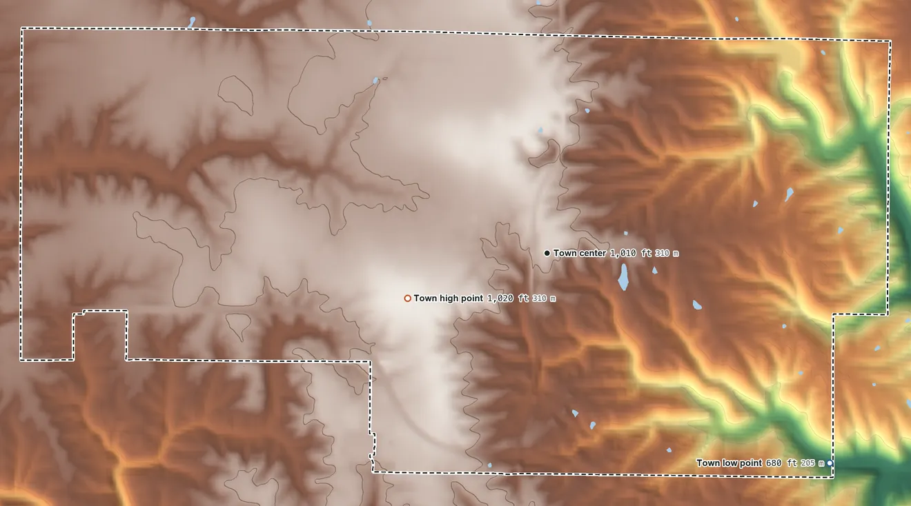 Topographic elevation map of St. Leon, Indiana, shaded from 680 ft on the southeast side to 1,020 ft on the west side