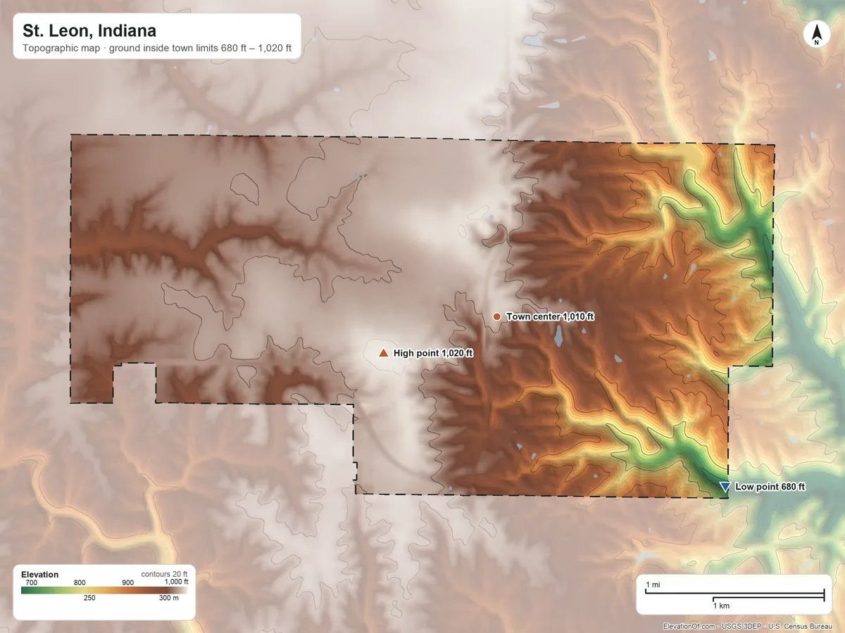 Topographic elevation map of St. Leon, Indiana, shaded from 680 ft on the southeast side to 1,020 ft on the west side