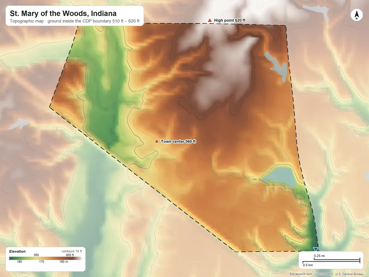 Topographic elevation map of St. Mary of the Woods, Indiana, shaded from 510 ft on the southeast side to 620 ft on the northeast side