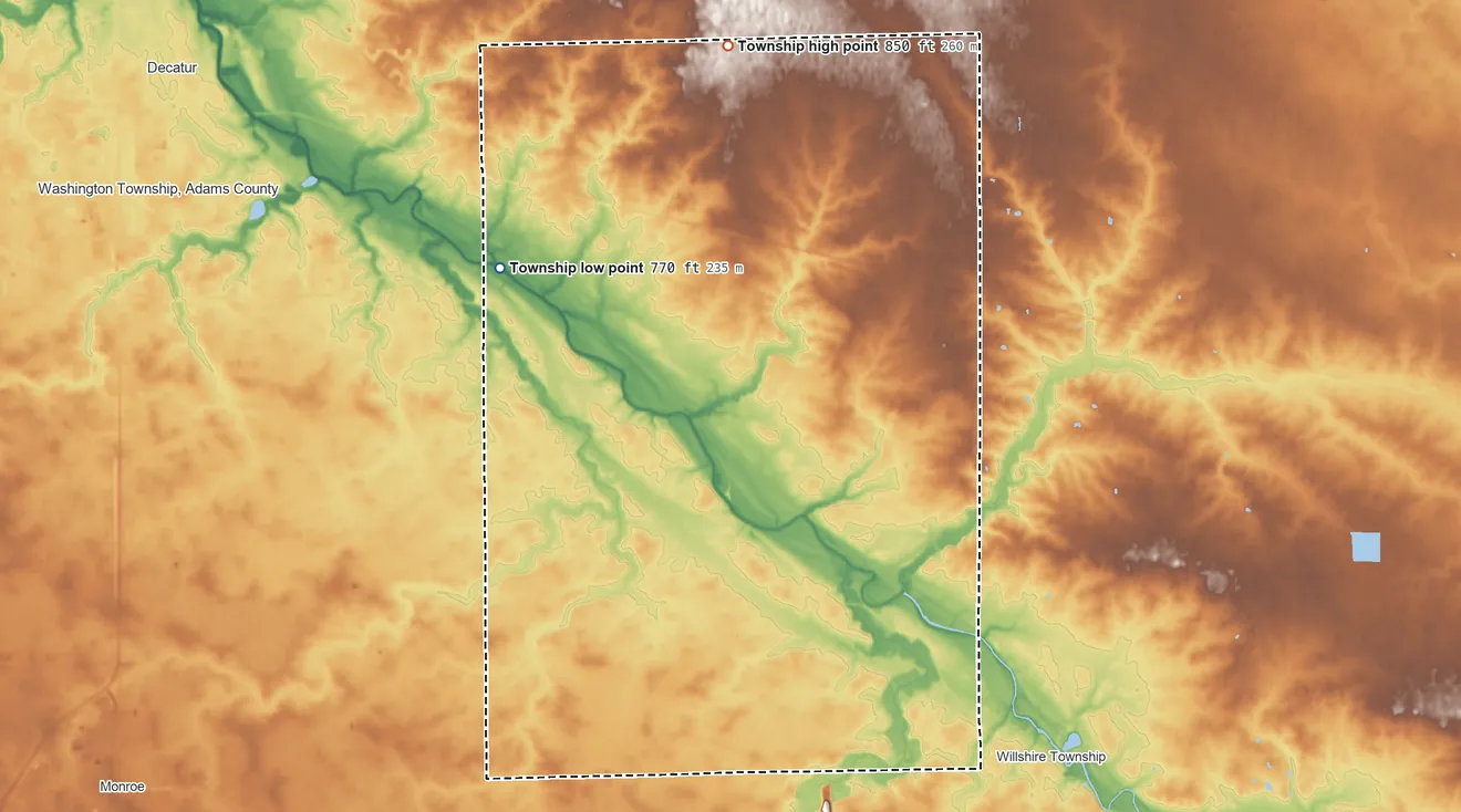 Topographic elevation map of St. Marys Township, Indiana, shaded from 770 ft on the northwest side to 850 ft on the north side
