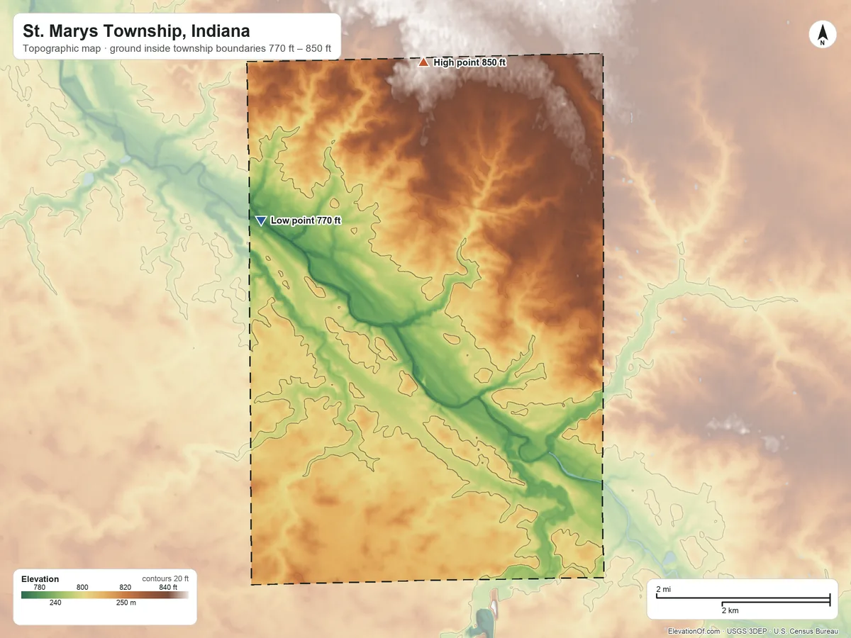 Topographic elevation map of St. Marys Township, Indiana, shaded from 770 ft on the northwest side to 850 ft on the north side
