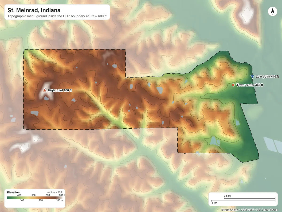 Topographic elevation map of St. Meinrad, Indiana, shaded from 410 ft near the middle to 600 ft on the west side