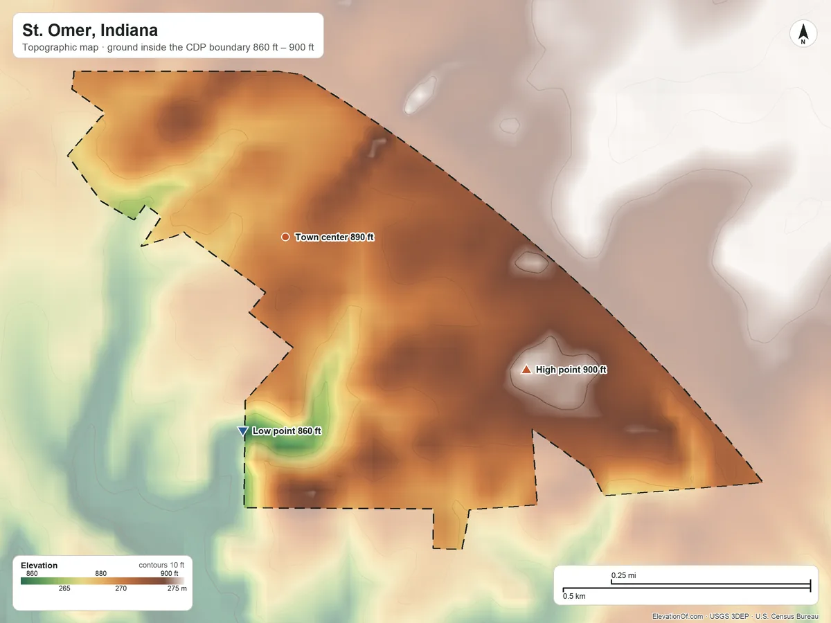 Topographic elevation map of St. Omer, Indiana, shaded from 860 ft on the south side to 900 ft on the southeast side