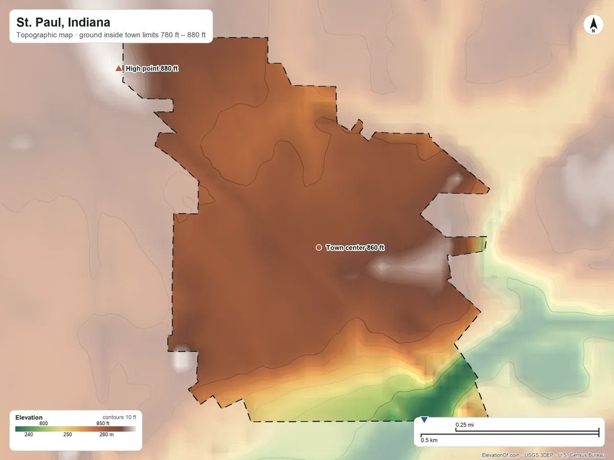 Topographic elevation map of St. Paul, Indiana, shaded from 780 ft on the southeast side to 880 ft on the northwest side