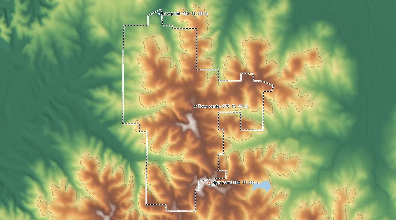 Topographic elevation map of St. Wendel, Indiana, shaded from 450 ft on the north side to 580 ft on the south side
