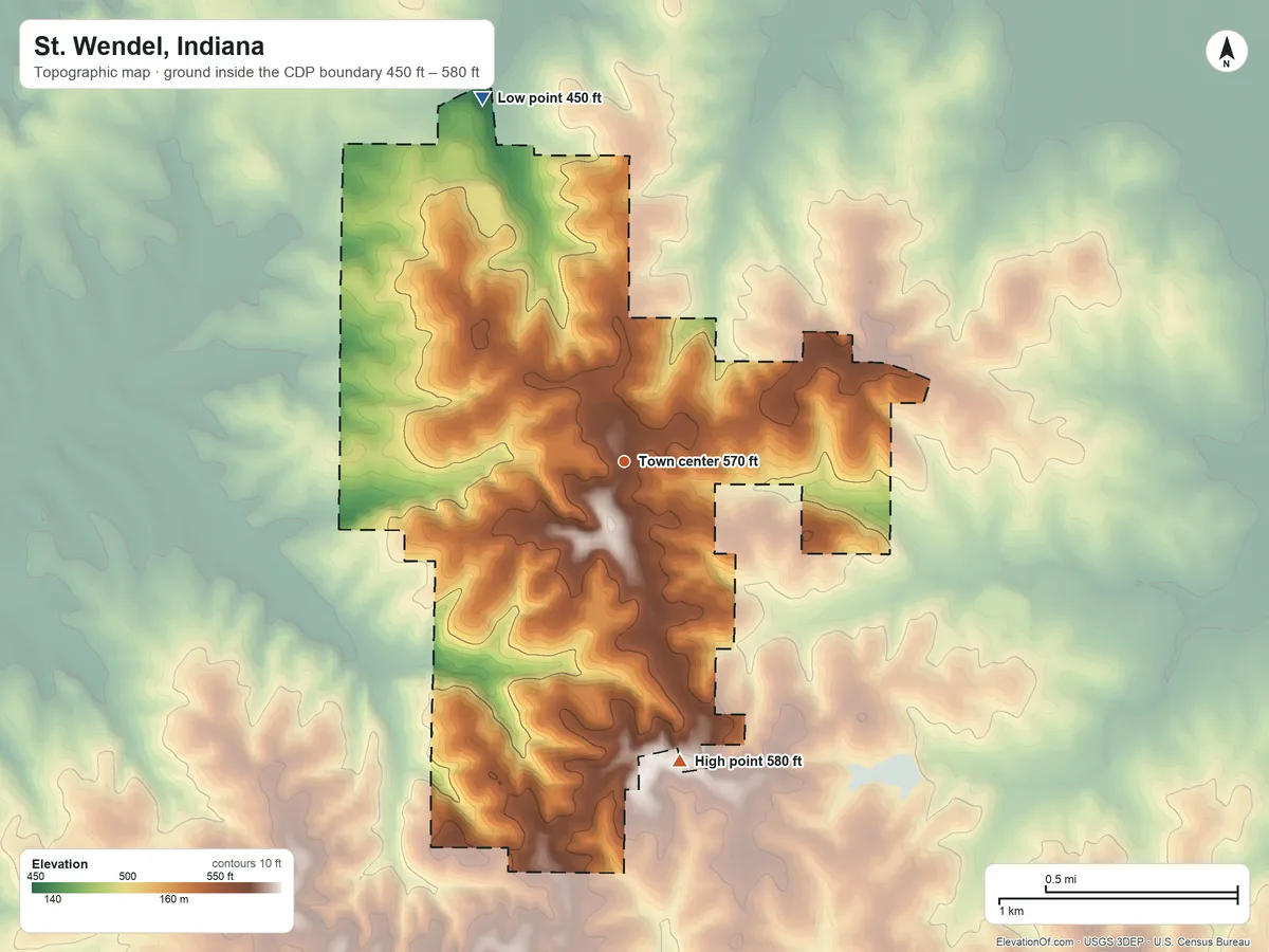 Topographic elevation map of St. Wendel, Indiana, shaded from 450 ft on the north side to 580 ft on the south side