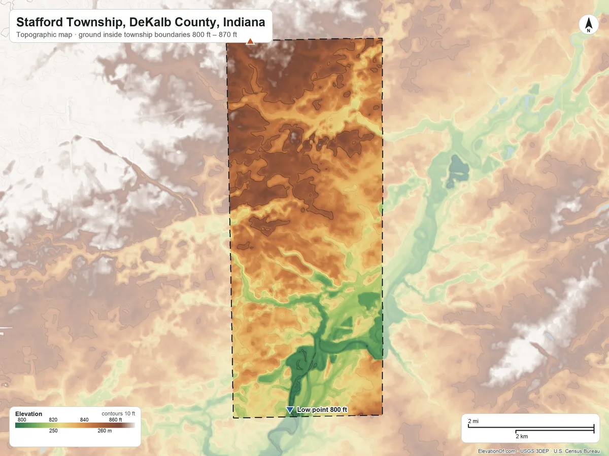 Topographic elevation map of Stafford Township, DeKalb County, Indiana, shaded from 800 ft on the south side to 870 ft on the northwest side
