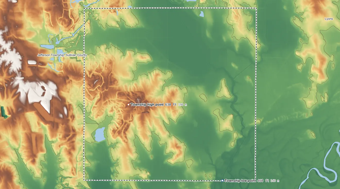 Topographic elevation map of Stafford Township, Indiana, shaded from 460 ft on the southeast side to 630 ft on the west side