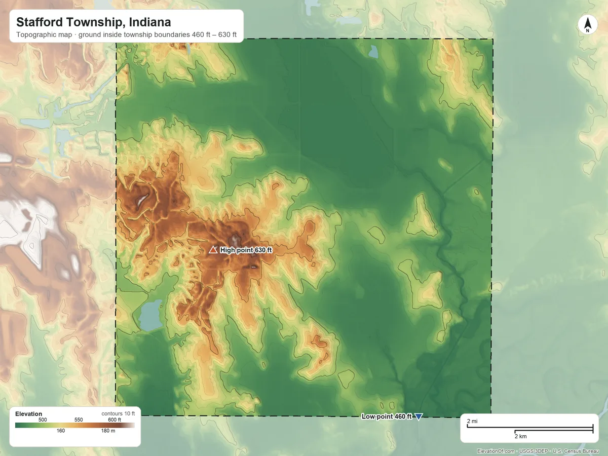 Topographic elevation map of Stafford Township, Indiana, shaded from 460 ft on the southeast side to 630 ft on the west side