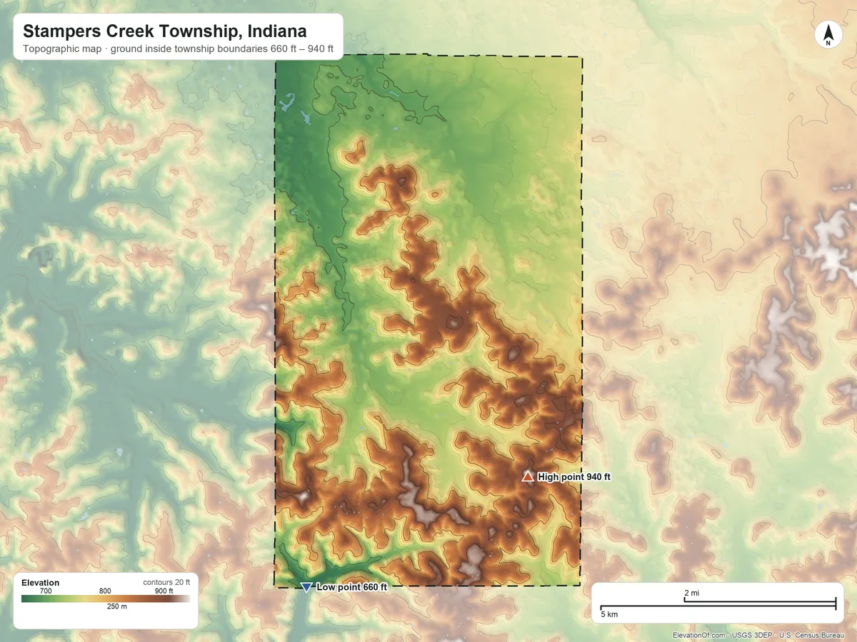 Topographic elevation map of Stampers Creek Township, Indiana, shaded from 660 ft on the south side to 940 ft on the southeast side