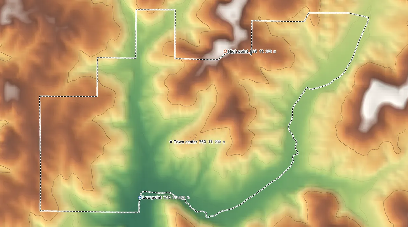 Topographic elevation map of Stanford, Indiana, shaded from 710 ft on the southwest side to 890 ft on the northeast side