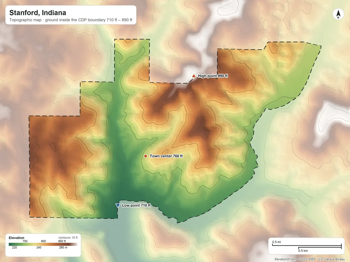 Topographic elevation map of Stanford, Indiana, shaded from 710 ft on the southwest side to 890 ft on the northeast side