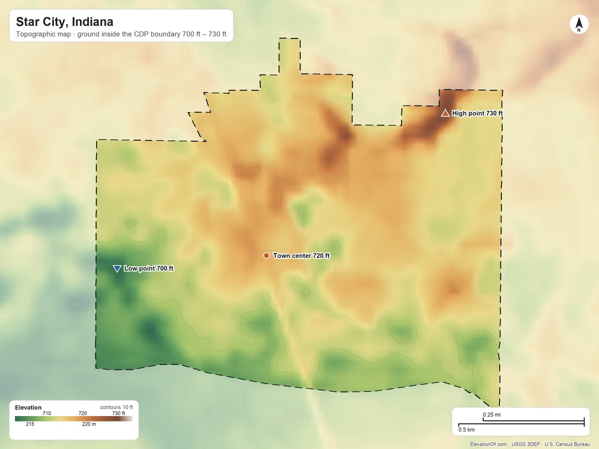 Topographic elevation map of Star City, Indiana, shaded from 700 ft on the west side to 730 ft on the northeast side