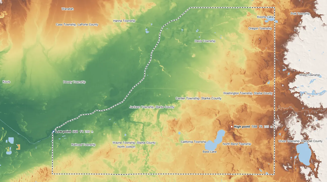 Topographic elevation map of Starke County, Indiana, shaded from 660 ft on the west side to 780 ft on the southeast side