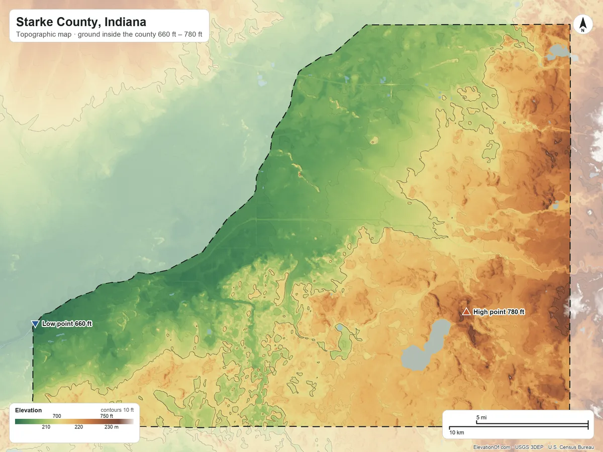 Topographic elevation map of Starke County, Indiana, shaded from 660 ft on the west side to 780 ft on the southeast side