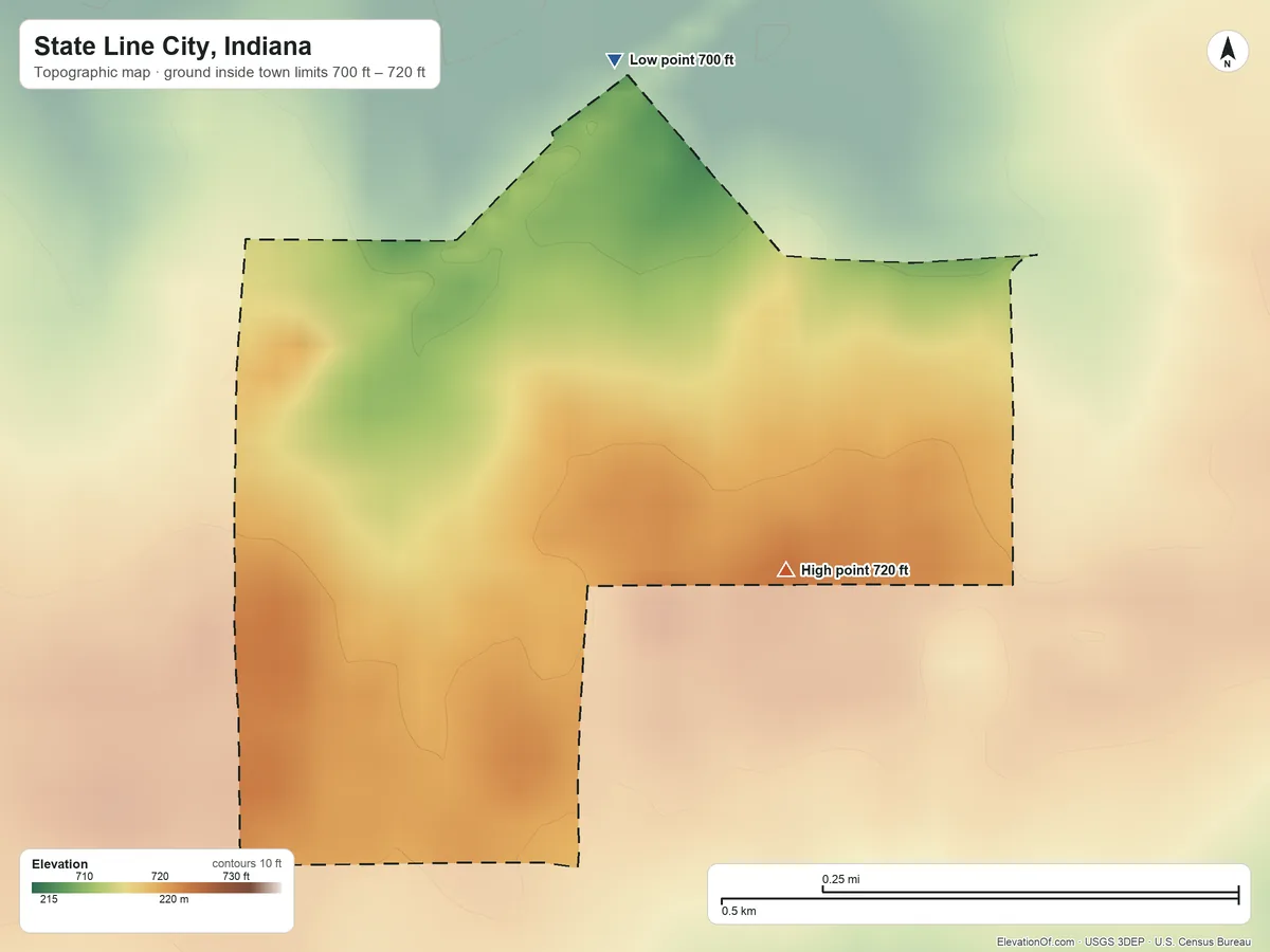 Topographic elevation map of State Line City, Indiana, shaded from 700 ft on the north side to 720 ft on the east side