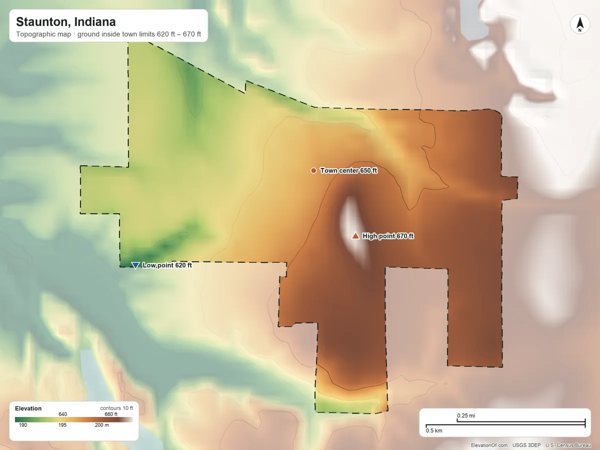 Topographic elevation map of Staunton, Indiana, shaded from 620 ft on the southwest side to 670 ft on the southeast side