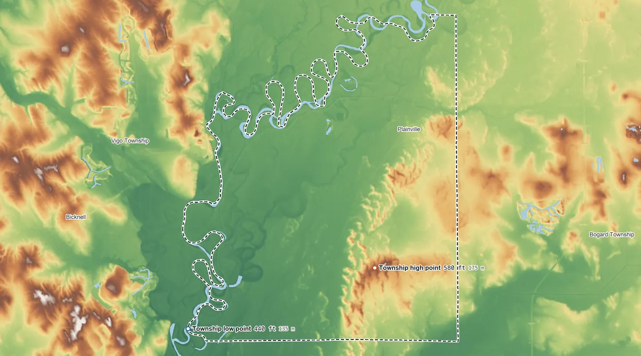Topographic elevation map of Steele Township, Indiana, shaded from 440 ft on the southwest side to 580 ft on Harbstreit Hill