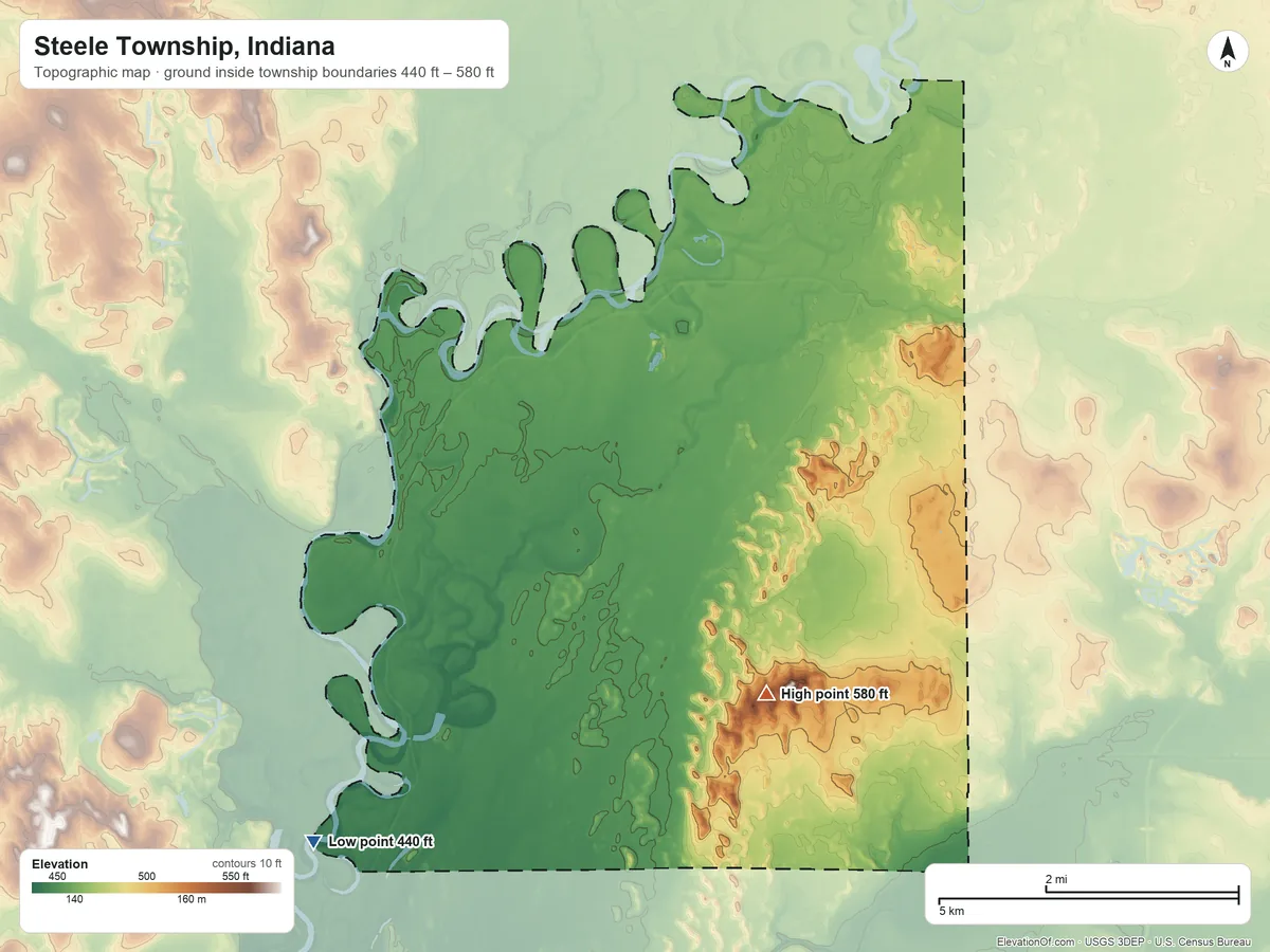 Topographic elevation map of Steele Township, Indiana, shaded from 440 ft on the southwest side to 580 ft on Harbstreit Hill