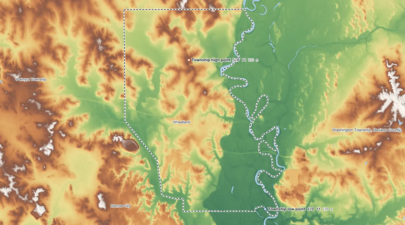 Topographic elevation map of Steen Township, Indiana, shaded from 420 ft on the southeast side to 570 ft on the north side