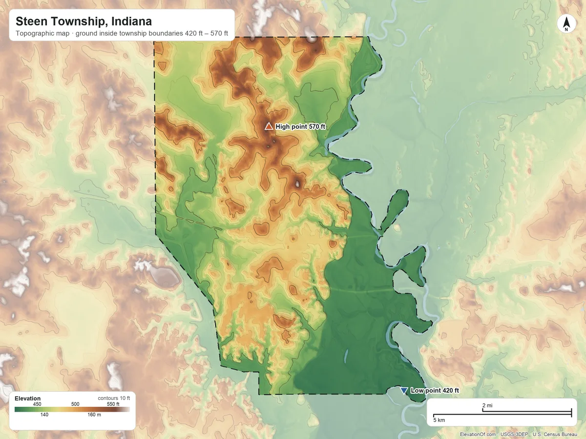 Topographic elevation map of Steen Township, Indiana, shaded from 420 ft on the southeast side to 570 ft on the north side