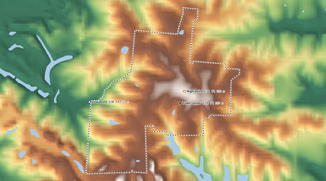 Topographic elevation map of Stendal, Indiana, shaded from 520 ft on the west side to 630 ft near the middle