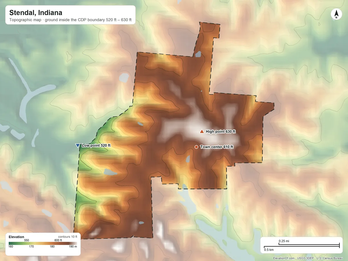 Topographic elevation map of Stendal, Indiana, shaded from 520 ft on the west side to 630 ft near the middle