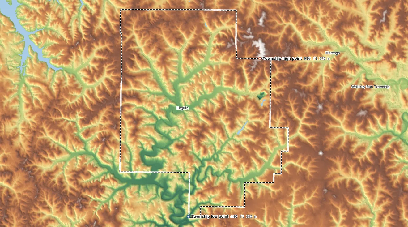 Topographic elevation map of Sterling Township, Indiana, shaded from 440 ft on the south side to 910 ft on the northeast side