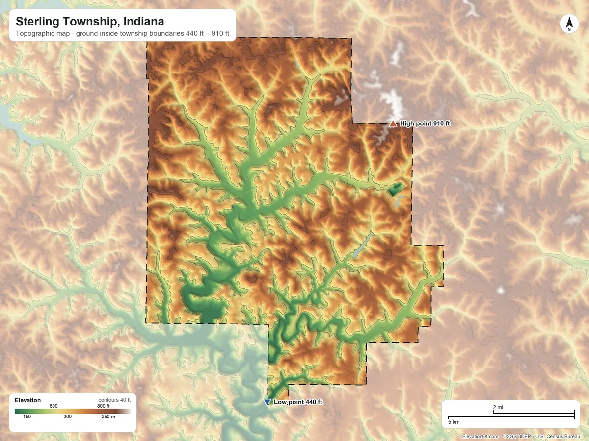 Topographic elevation map of Sterling Township, Indiana, shaded from 440 ft on the south side to 910 ft on the northeast side