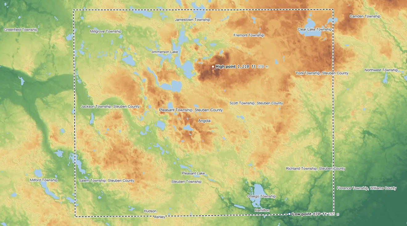 Topographic elevation map of Steuben County, Indiana, shaded from 870 ft on the southeast side to 1,210 ft on the north side
