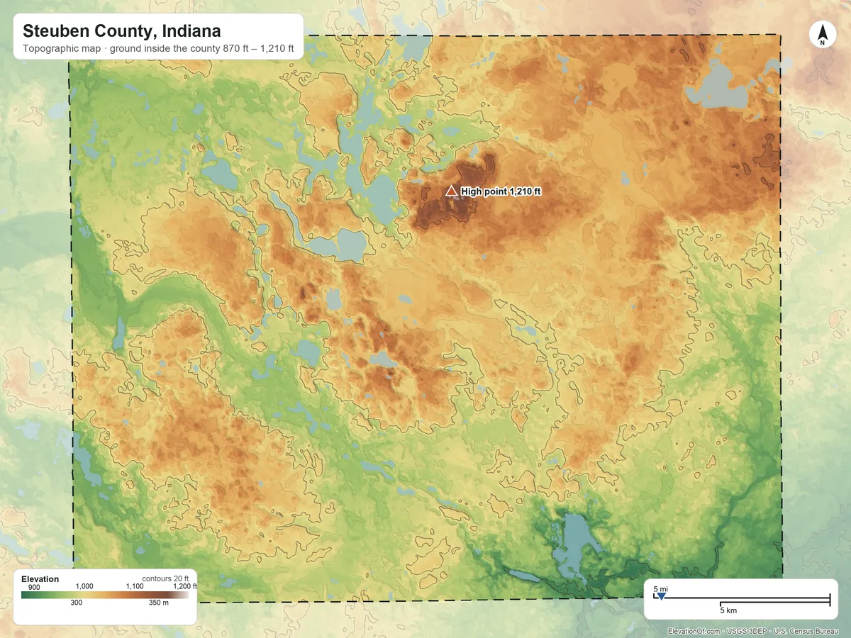 Topographic elevation map of Steuben County, Indiana, shaded from 870 ft on the southeast side to 1,210 ft on the north side