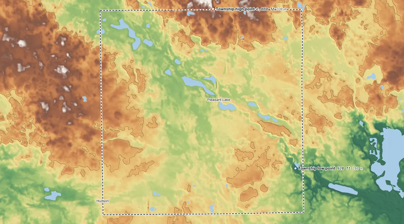 Topographic elevation map of Steuben Township, Indiana, shaded from 920 ft on the southeast side to 1,080 ft on the north side