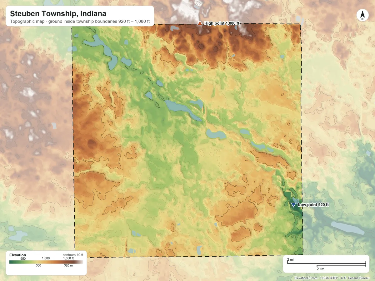 Topographic elevation map of Steuben Township, Indiana, shaded from 920 ft on the southeast side to 1,080 ft on the north side