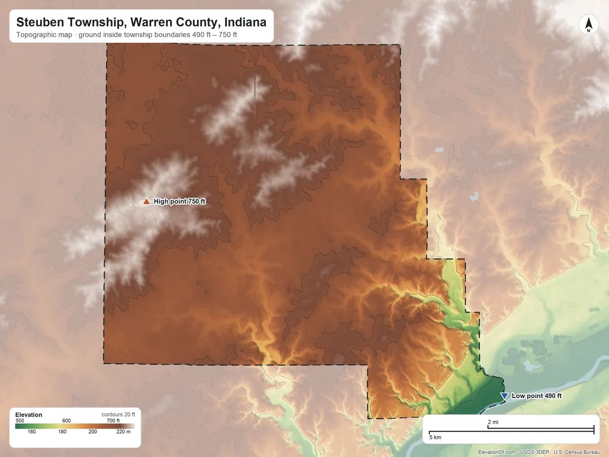 Topographic elevation map of Steuben Township, Warren County, Indiana, shaded from 490 ft on the southeast side to 750 ft on the northwest side