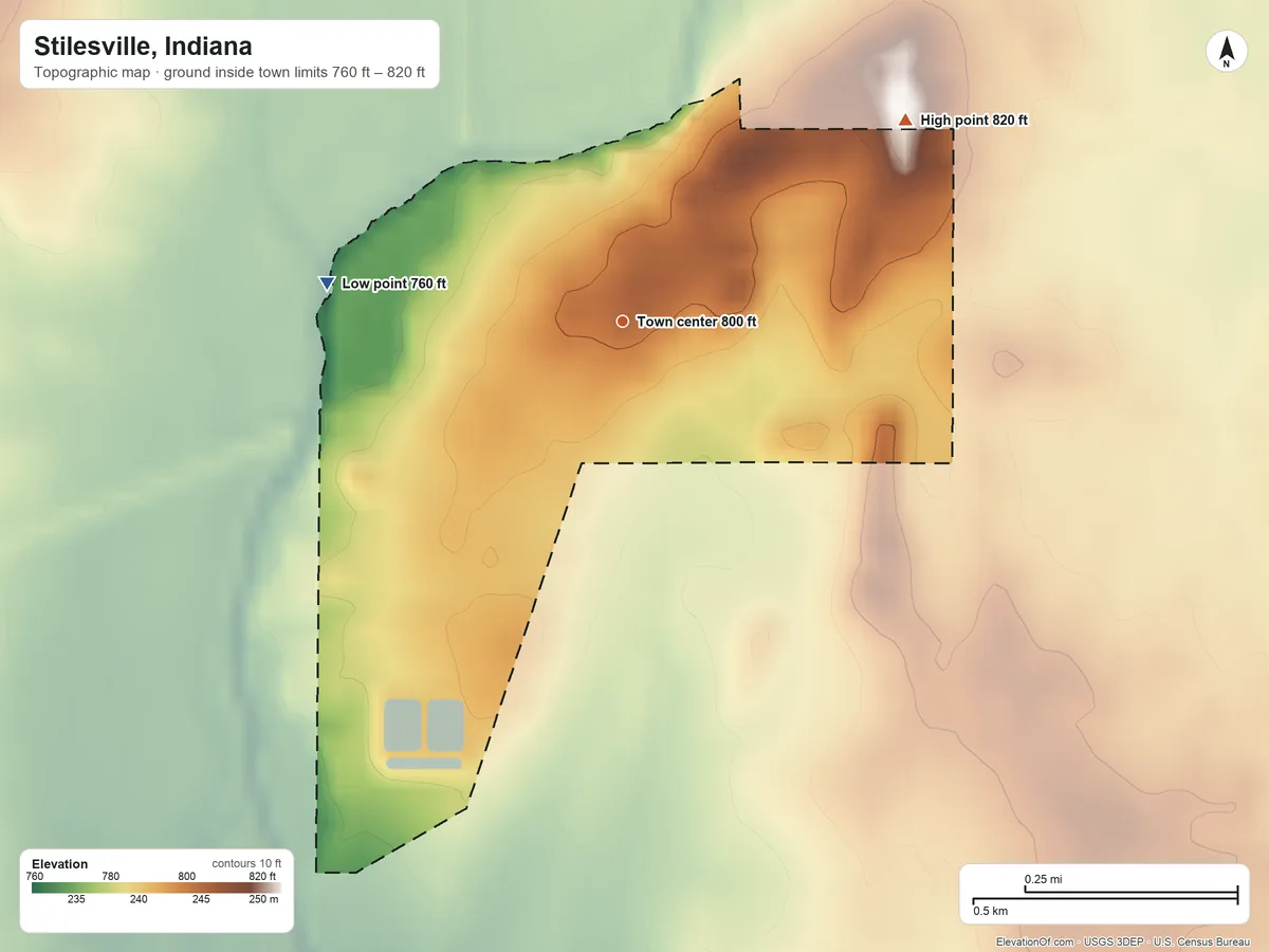 Topographic elevation map of Stilesville, Indiana, shaded from 760 ft on the west side to 820 ft on the northeast side