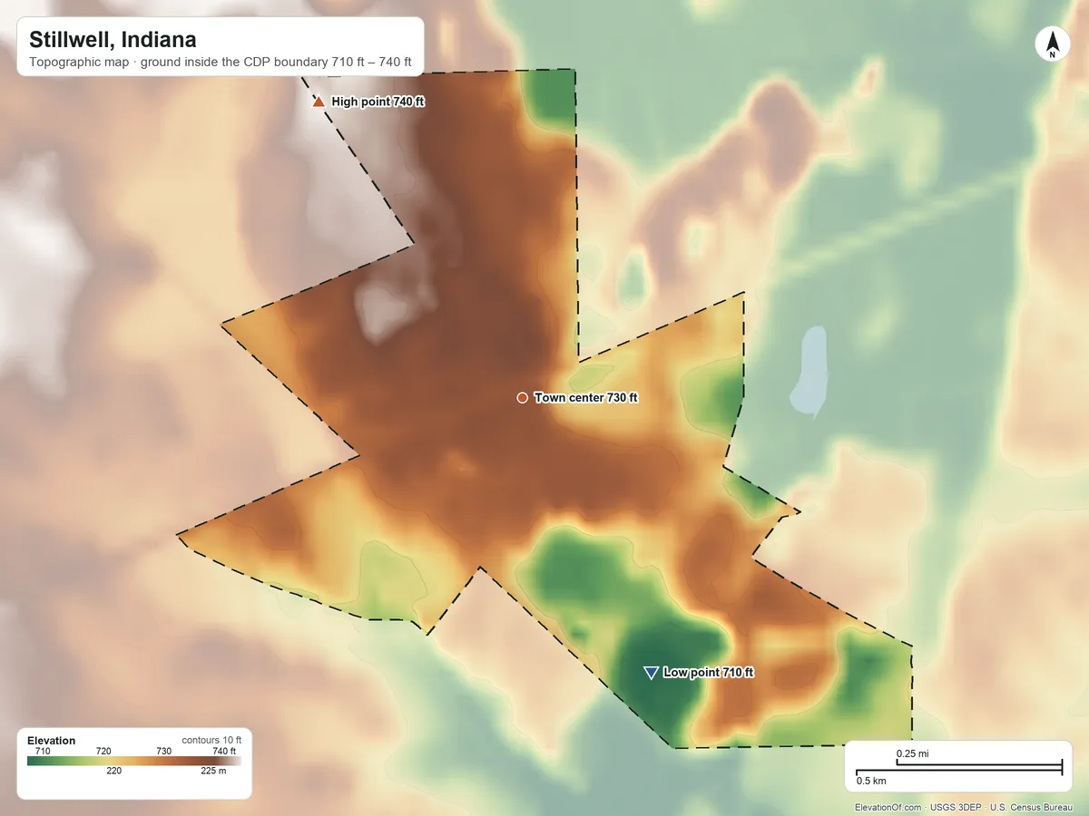 Topographic elevation map of Stillwell, Indiana, shaded from 710 ft on the southeast side to 740 ft on the northwest side