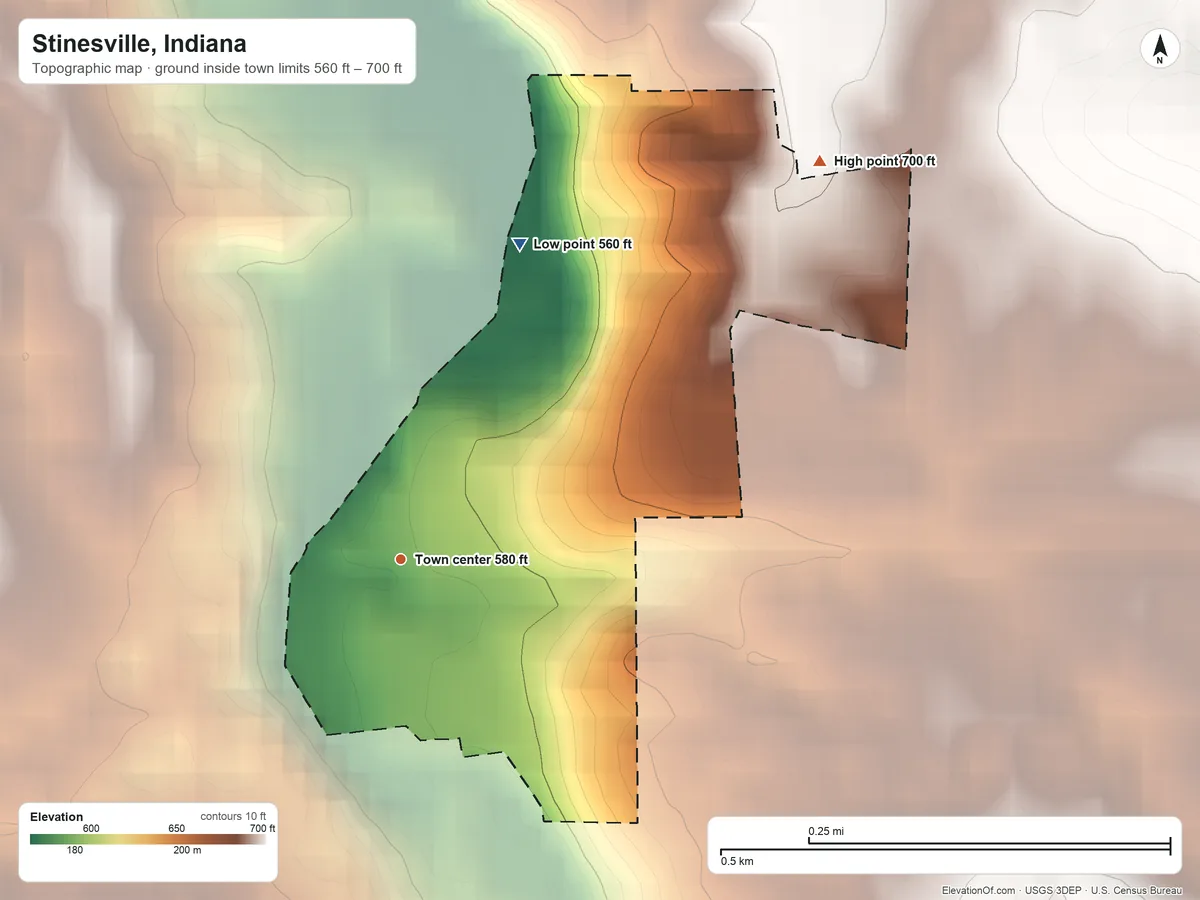 Topographic elevation map of Stinesville, Indiana, shaded from 560 ft on the north side to 700 ft on the northeast side