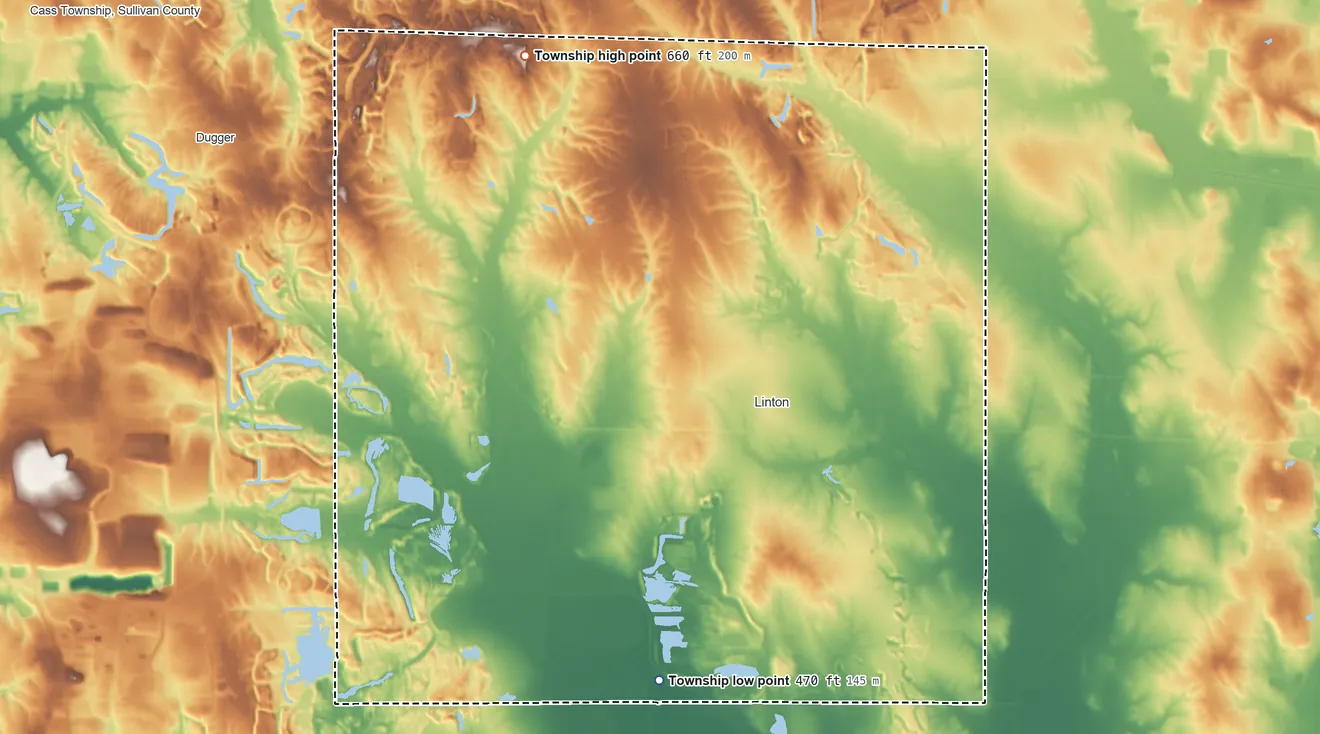 Topographic elevation map of Stockton Township, Indiana, shaded from 470 ft on the south side to 660 ft on the northwest side