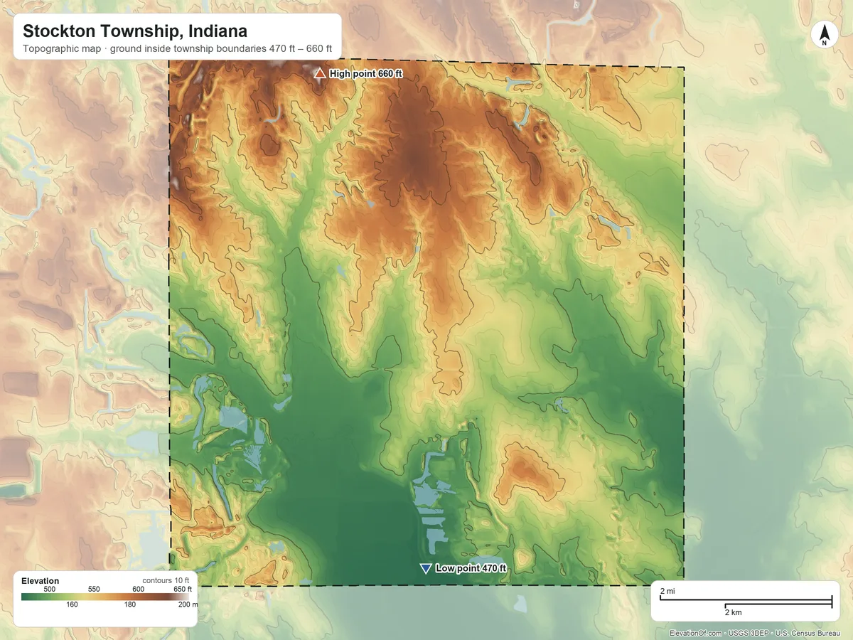 Topographic elevation map of Stockton Township, Indiana, shaded from 470 ft on the south side to 660 ft on the northwest side