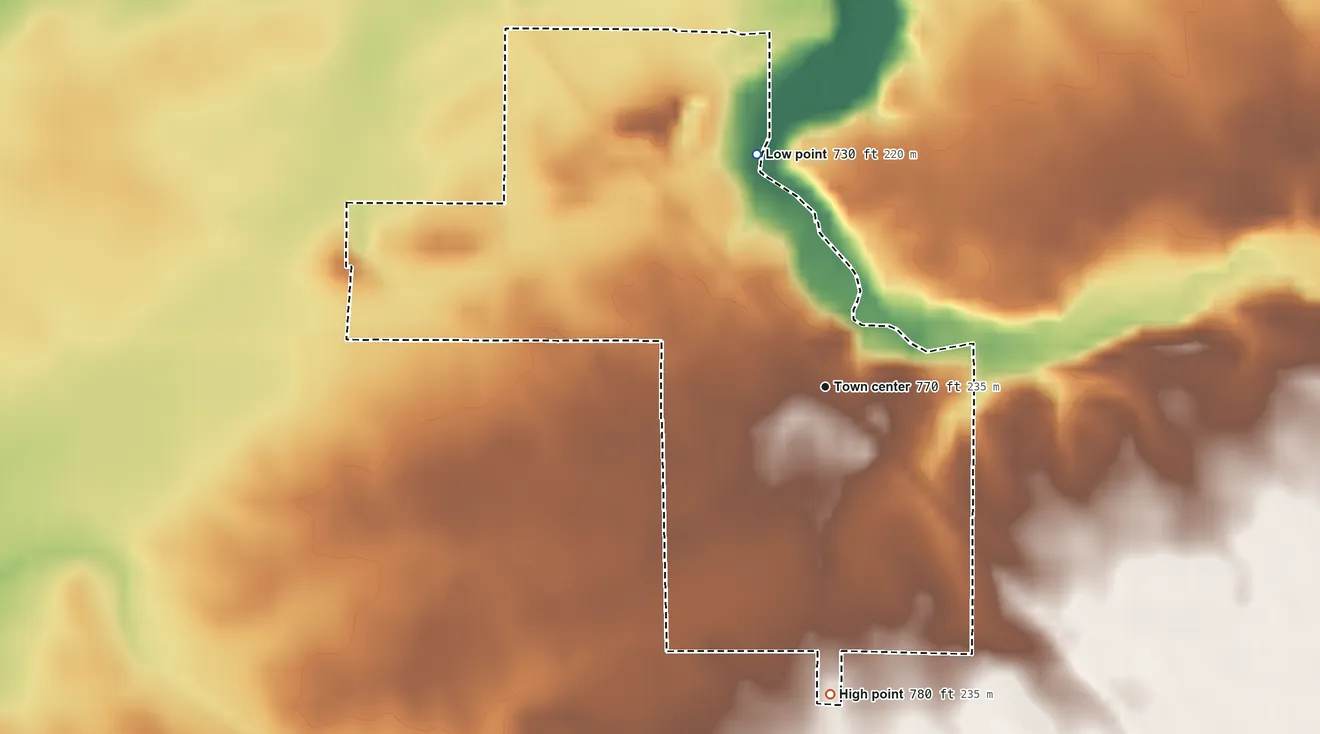 Topographic elevation map of Stockwell, Indiana, shaded from 730 ft on the north side to 780 ft on the south side