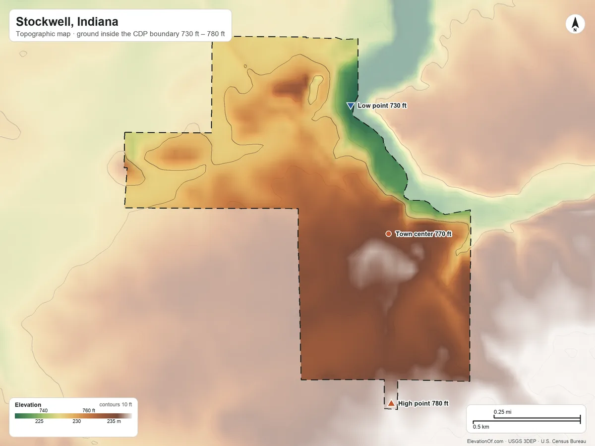 Topographic elevation map of Stockwell, Indiana, shaded from 730 ft on the north side to 780 ft on the south side