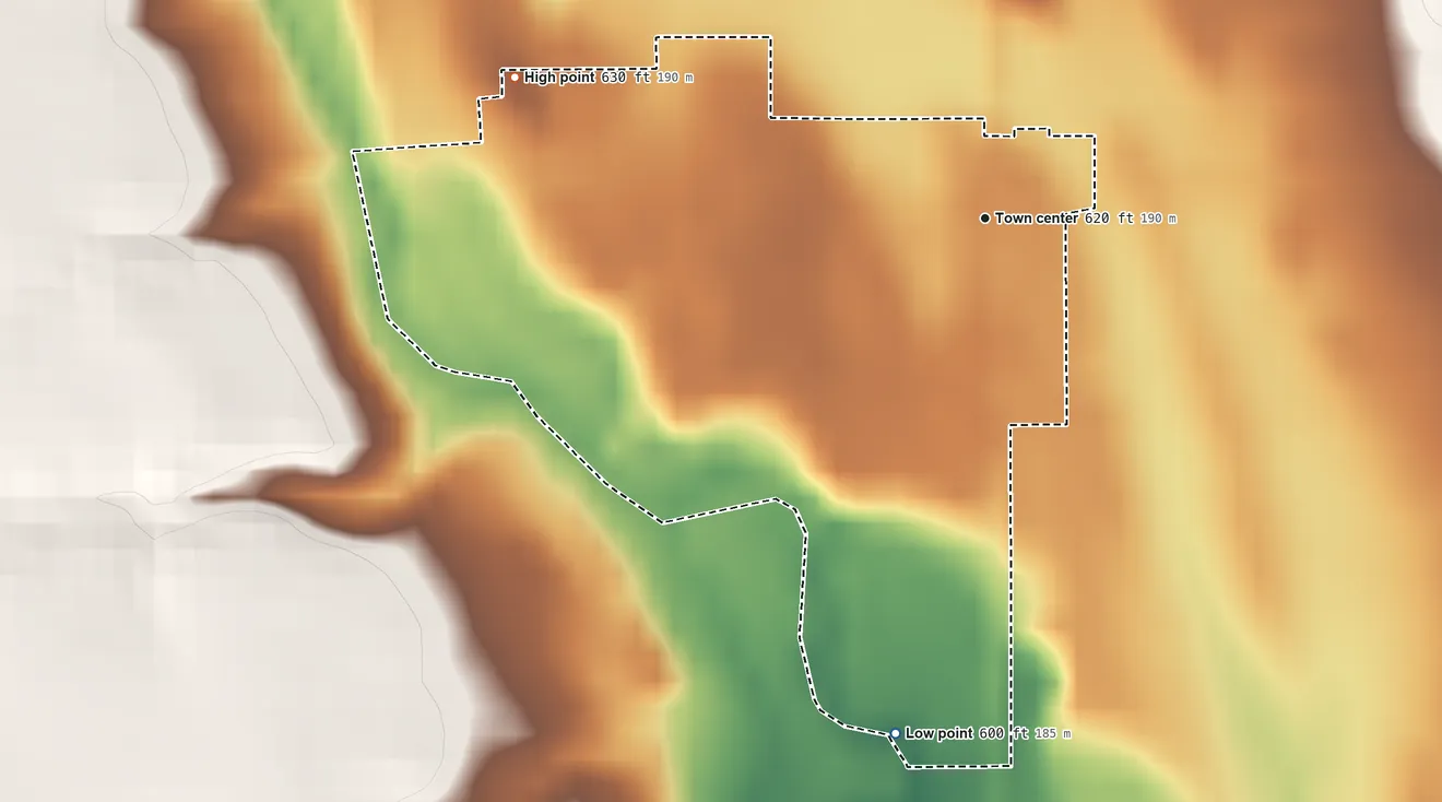 Topographic elevation map of Stone Bluff, Indiana, shaded from 600 ft on the south side to 630 ft on the west side