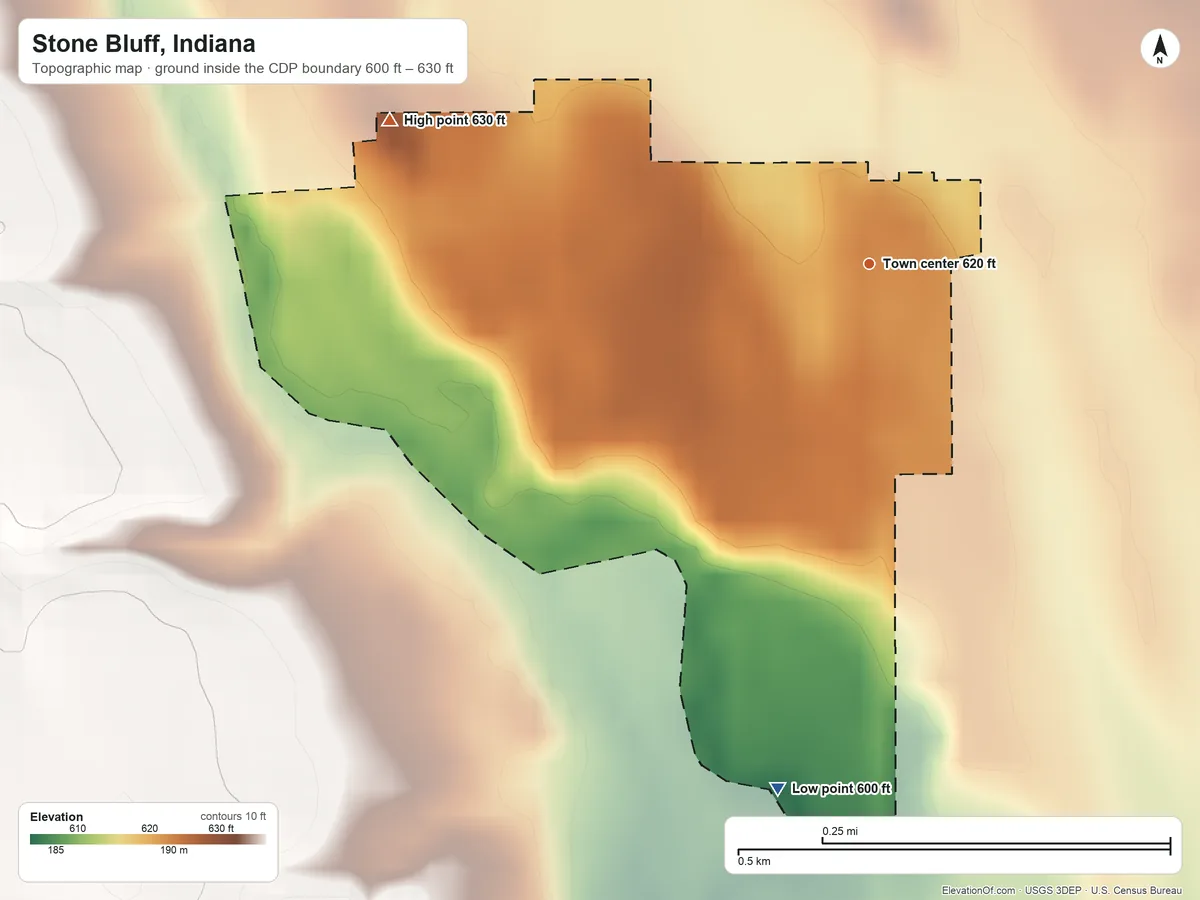 Topographic elevation map of Stone Bluff, Indiana, shaded from 600 ft on the south side to 630 ft on the west side