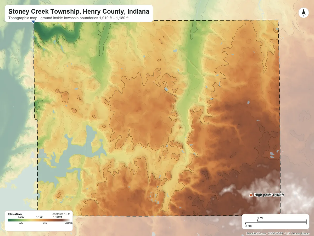 Topographic elevation map of Stoney Creek Township, Henry County, Indiana, shaded from 1,010 ft on the northwest side to 1,180 ft on the southeast side
