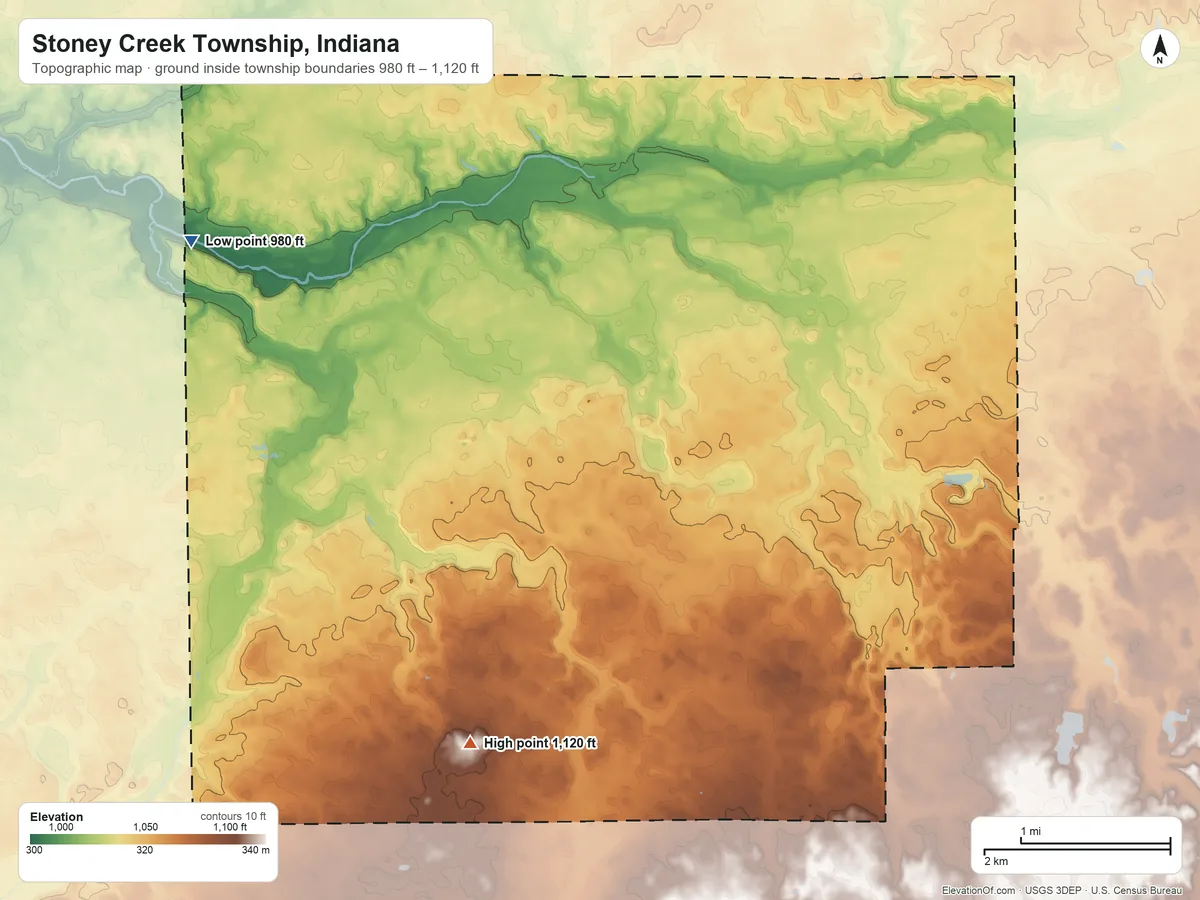 Topographic elevation map of Stoney Creek Township, Indiana, shaded from 980 ft on the northwest side to 1,120 ft on the south side