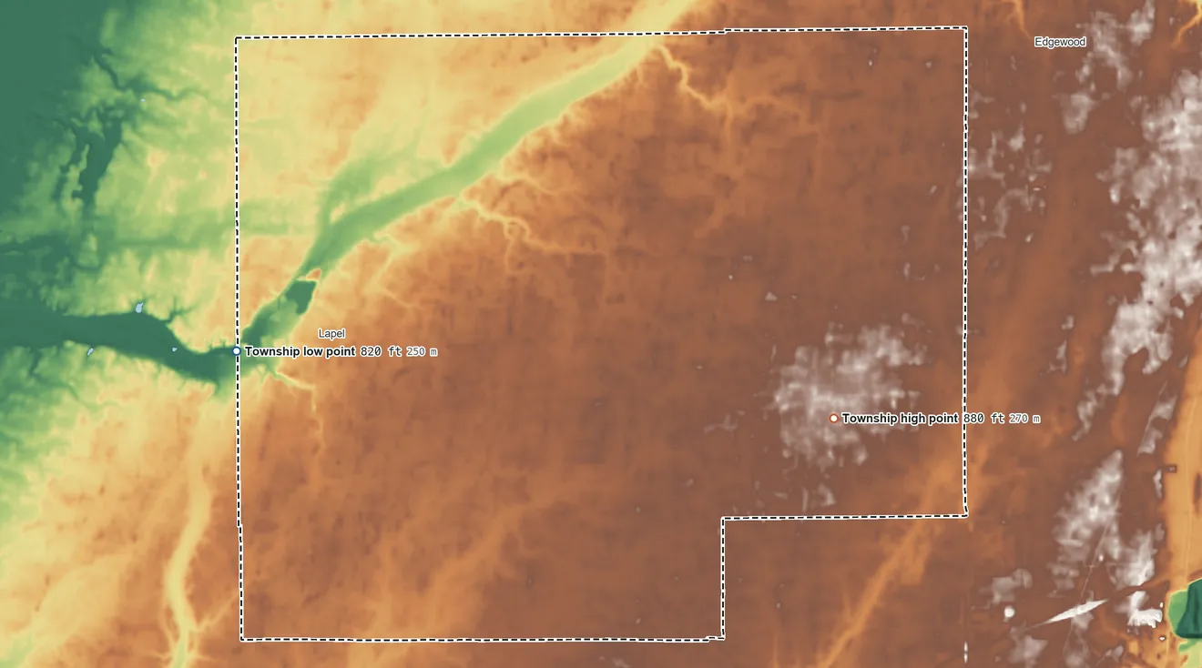 Topographic elevation map of Stony Creek Township, Indiana, shaded from 820 ft on the west side to 880 ft on the east side