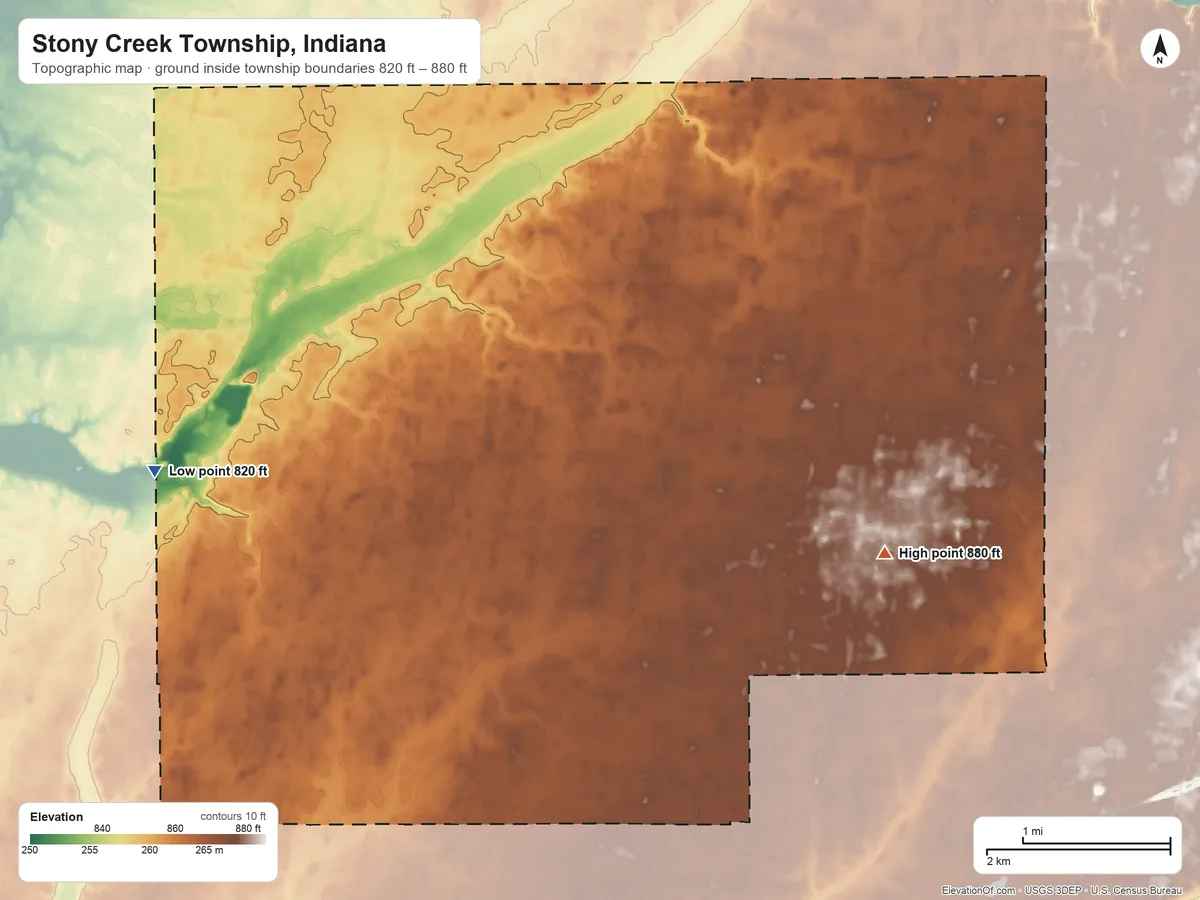 Topographic elevation map of Stony Creek Township, Indiana, shaded from 820 ft on the west side to 880 ft on the east side